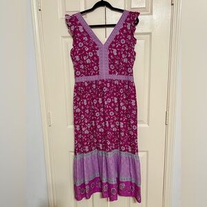 LOFT Pink and Purple Floral Midi V-Neck Dress with Pockets